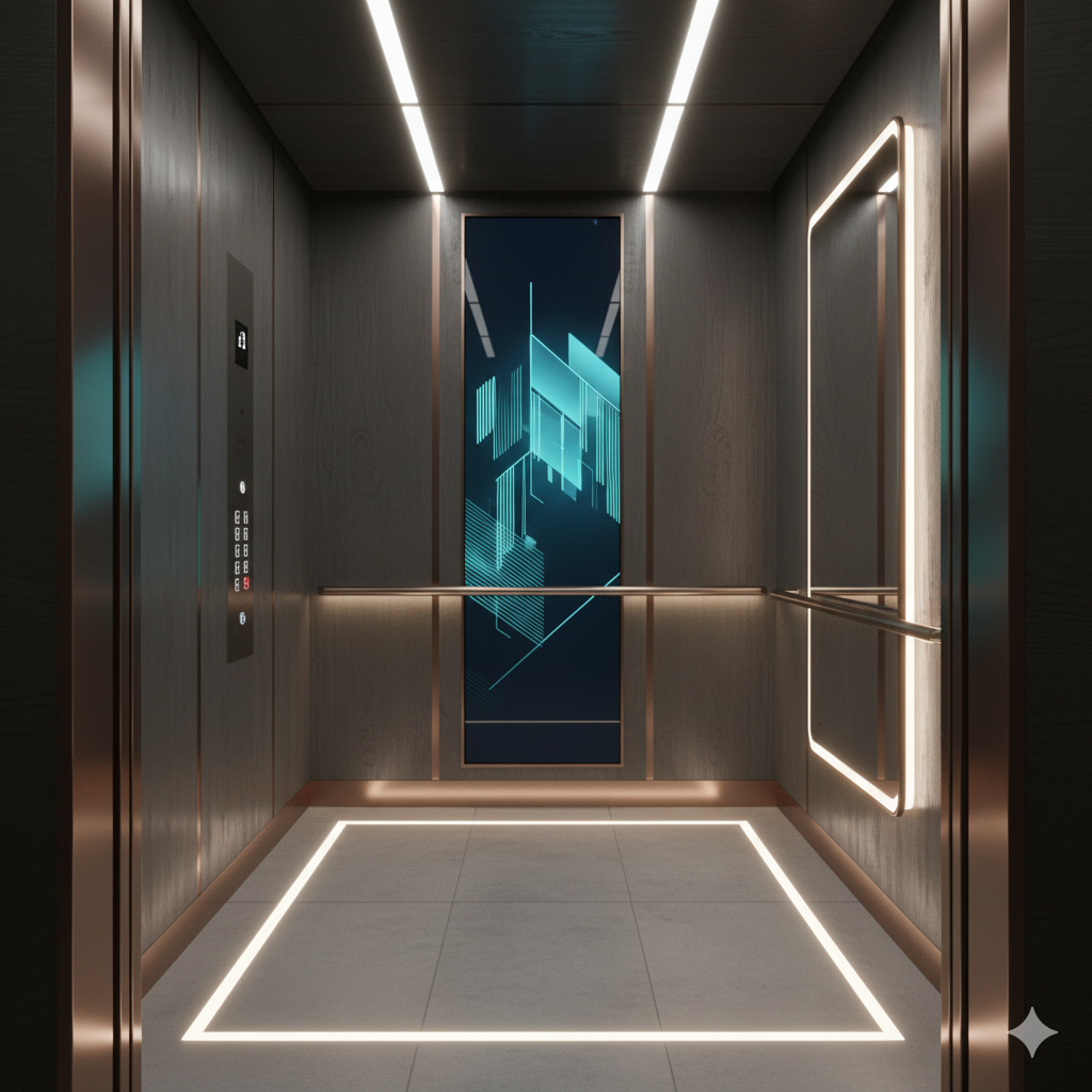 Luxury modern elevator interior with cyan lighting